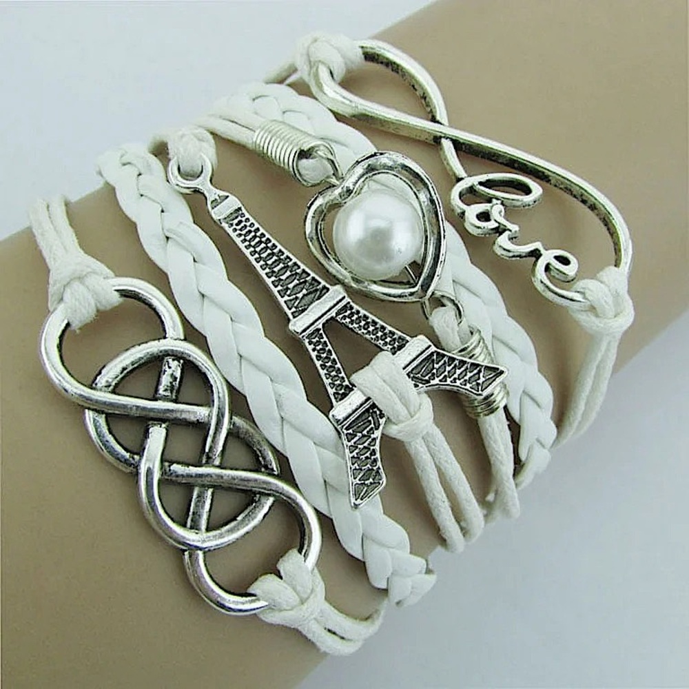 INFINITY LOVE HEART EIFFLE TOWER FRIENDSHIP LEATHER CHARM BRACELET